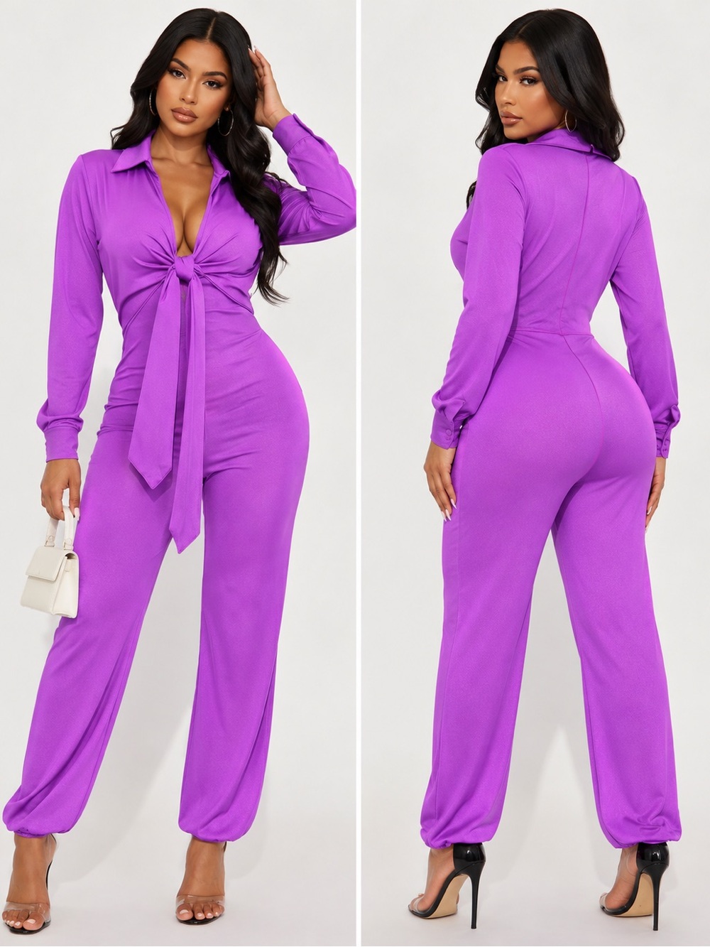 Purple Long-Sleeve Tie-Front Jumpsuit